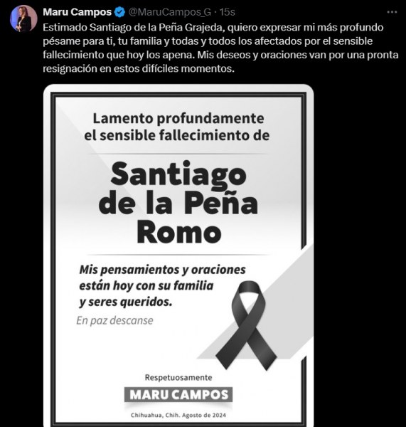 Lamenta Maru muerte del padre de Santiago de la Peña, secretario de Gobierno