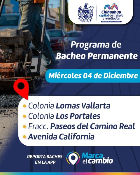 Conoce dónde trabajará Municipio con bacheo este 4 de diciembre