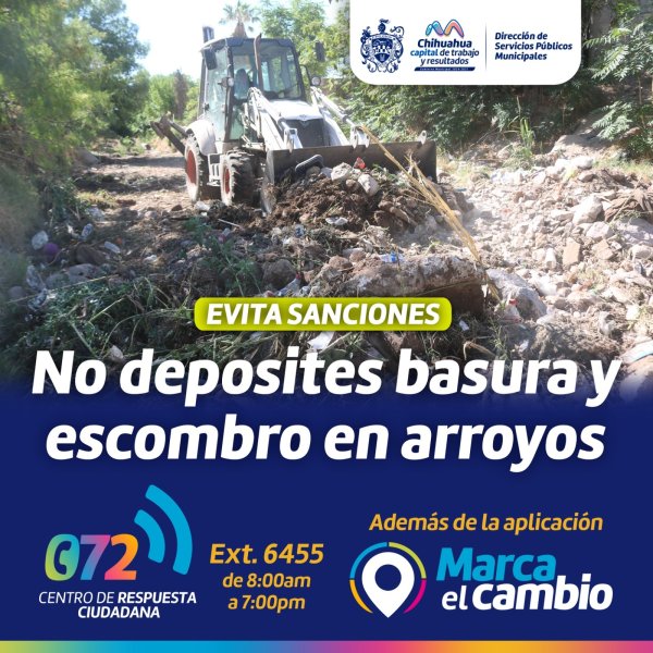 Exhorta Gobierno Municipal a evitar tirar basura o escombro en los arroyos de la ciudad