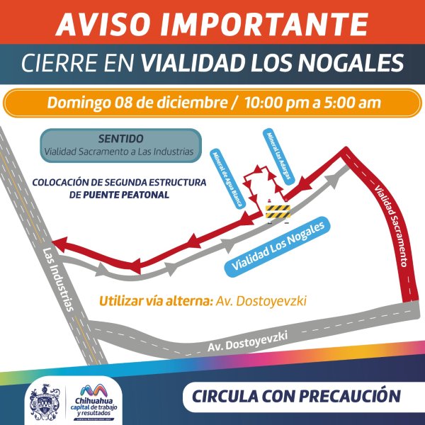 Cerrarán este domingo vialidad Los Nogales por instalación de estructura para puente peatonal