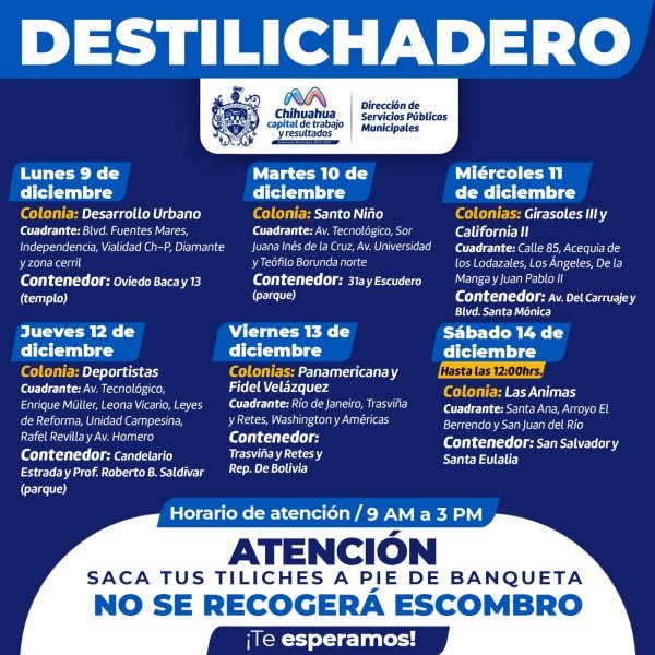 Visitará programa Destilichadero ocho colonias del 9 al 14 de diciembre