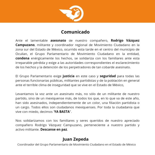 Asesinan en Ocuilan al coordinador de MC de la región sur del Edomex; la bancada en el Congreso local exige justicia