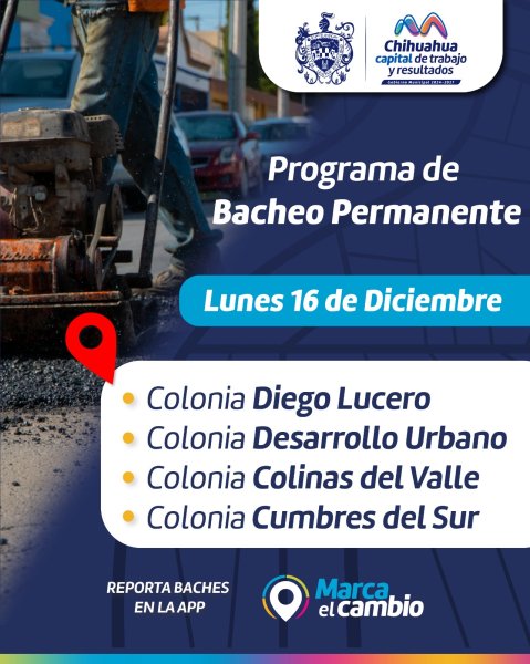 Estas zonas tendrán bacheo este 16 de diciembre: Municipio