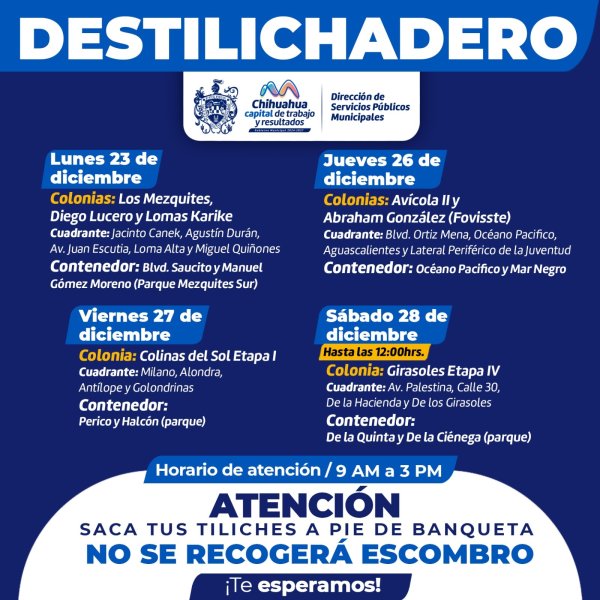 Estará Destilichadero en siete colonias del 23 al 28 de diciembre