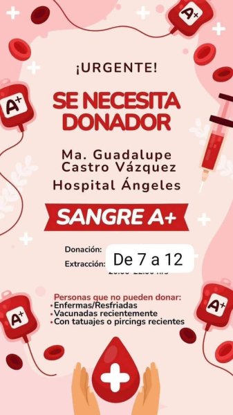 Solicitan donadores de sangre para María Guadalupe Castro