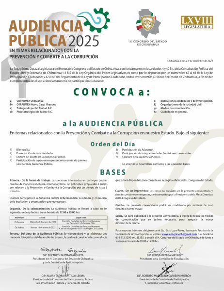 Este miércoles 8 de enero darán comienzo las Audiencias Públicas 2025 del Congreso del Estado