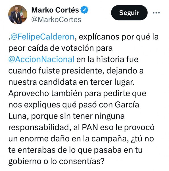 Marko Cortés se va con todo contra Calderón 