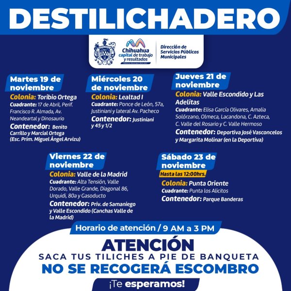 Visitará Destilichadero seis colonias del 19 al 23 de noviembre