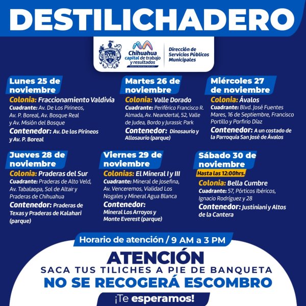 Visitará Destilichadero seis colonias del 25 al 30 de noviembre