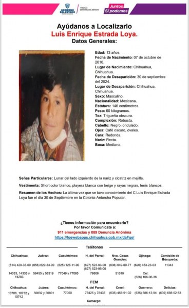 Buscan a menor de edad desaparecido en Chihuahua