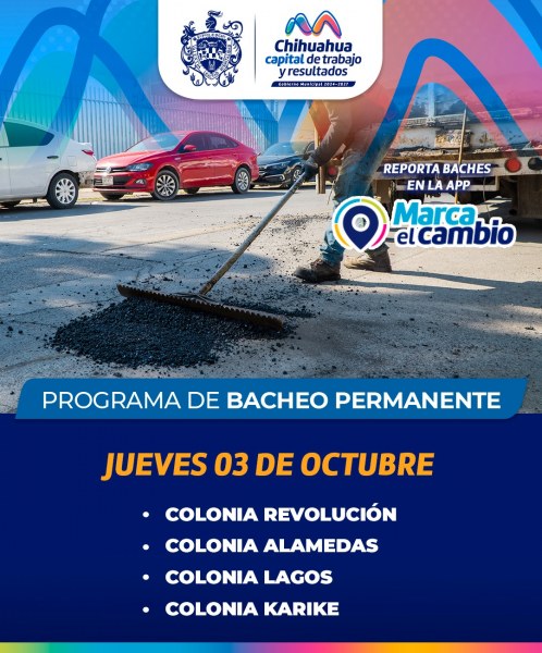 Colonias Revolución, Alamedas, Lagos y Karike, tendrán bacheo hoy: Municipio