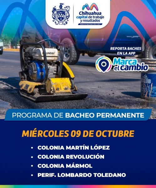 Conoce dónde interviene Municipio hoy 9 de octubre con bacheo