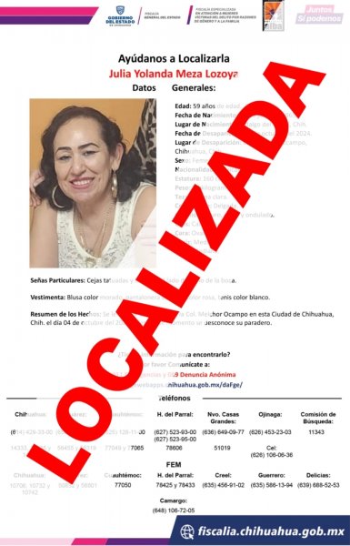 Localiza FEM sana y salva a maestra que contaba con reporte de ausencia en la ciudad de Chihuahua