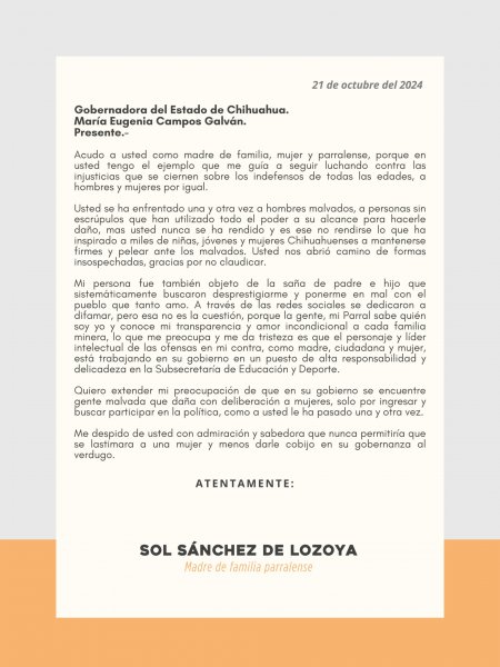 Sol Sánchez envía carta a Gobernadora, denuncia presencia de violentadores en el gobierno estatal