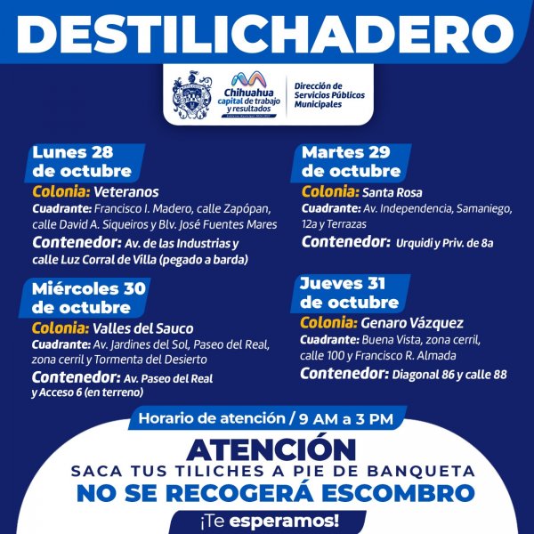 Visitará Destilichadero cuatro colonias del 28 al 31 de octubre