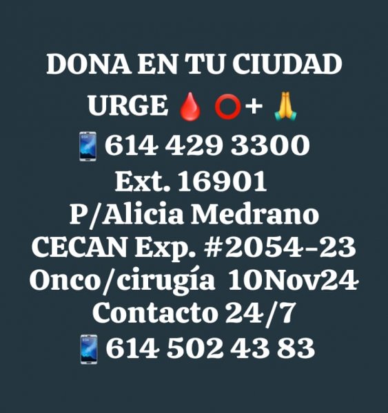 Solicitan donadores de sangre tipo O+ para la paciente Alicia Medrano