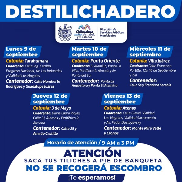 Visitará Destilichadero 5 colonias del 9 al 13 de septiembre