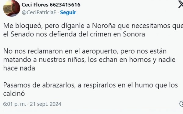 Noroña bloquea a Ceci Flores; la activista pide al Senado defender a Sonora del crimen