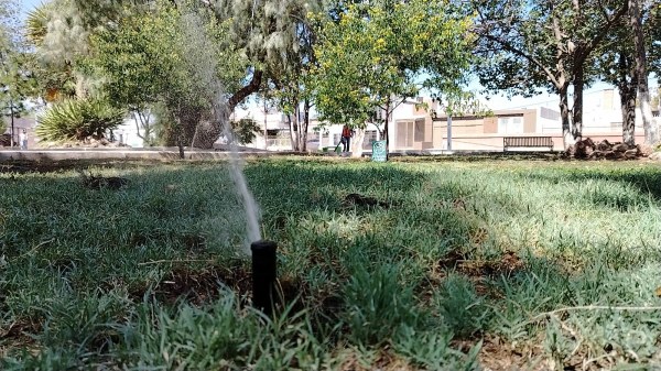 Instala Gobierno Municipal sistema de riego en el parque Santo Niño