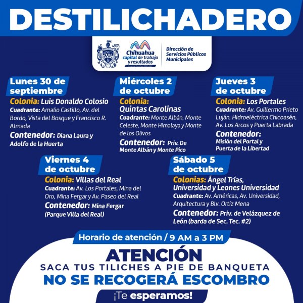 Visitará Destilichadero 7 colonias la siguiente semana