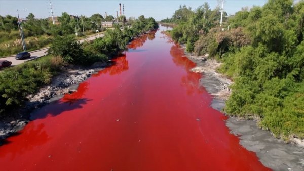 Agua color sangre fluye por un canal de Buenos Aires (video)