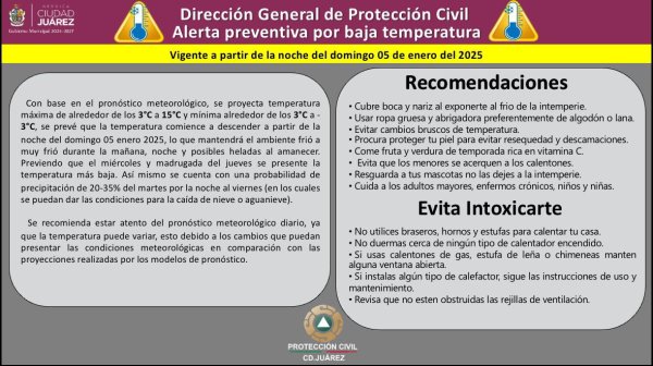 Protección Civil emite alerta preventiva por bajas temperaturas en Ciudad Juárez