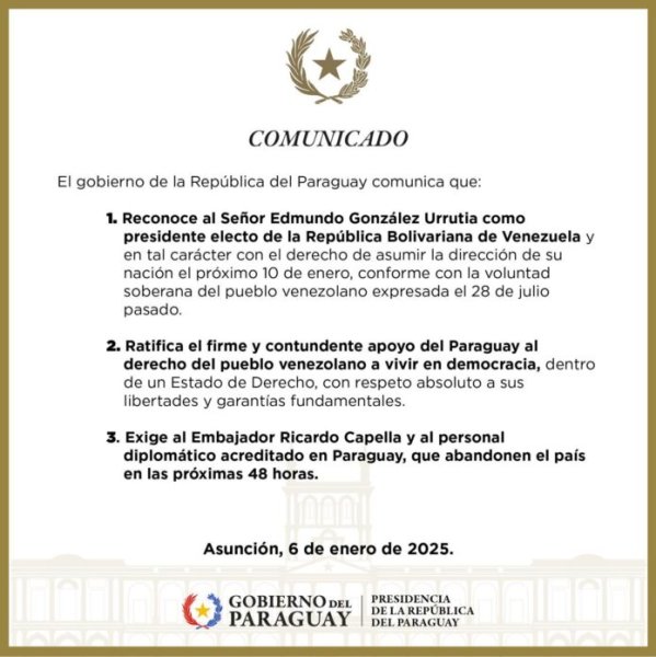 Paraguay da ultimátum a embajada de Maduro para que salga de su país