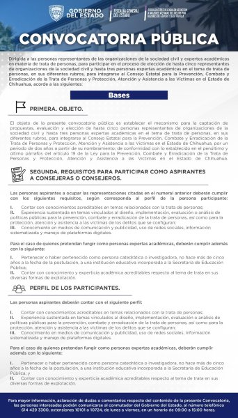 Emite FGE convocatoria pública para integrar el Consejo Estatal para la Prevención, Combate y Erradicación de la Trata de Personas y Protección, Atención y Asistencia a las Víctimas en el Estado de Chihuahua