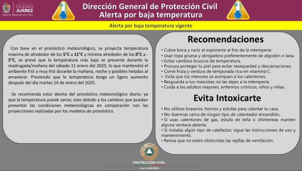 Protección Civil emite alerta por bajas temperaturas en Ciudad Juárez