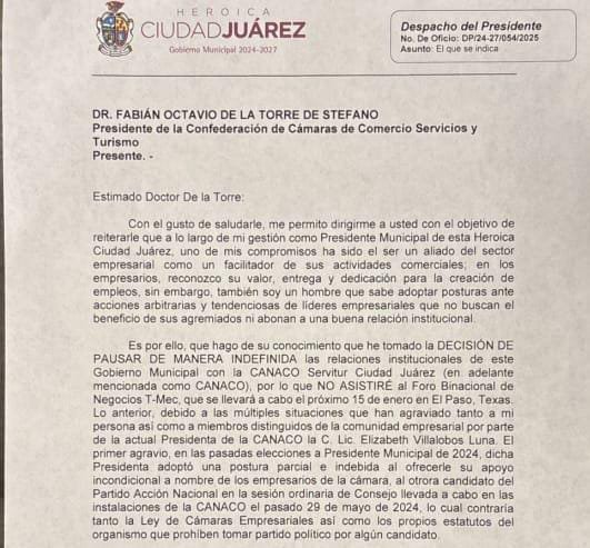 Pausa Cruz relación con la Canaco de Juárez por múltiples agravios