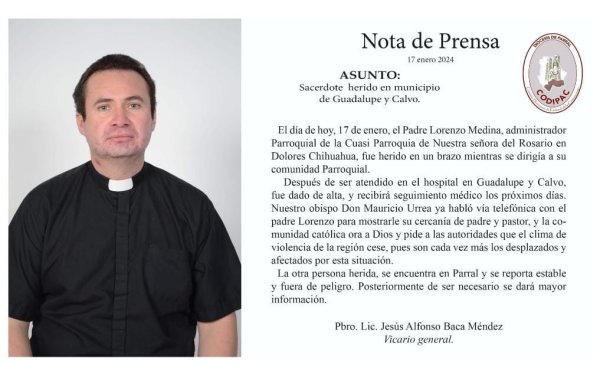 Confirma Diócesis de Parral agresión a uno de sus sacerdotes y a otra persona