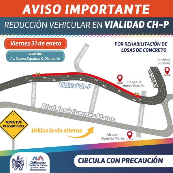 Comenzarán trabajos de rehabilitación de losas de concreto este viernes 31 de enero en Vialidad CH-P