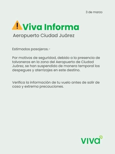 Suspensión temporal de despegues y aterrizajes en el Aeropuerto de Ciudad Juárez