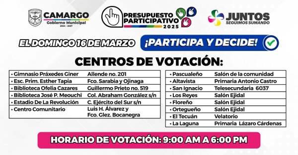 Gimnasio Práxedes Giner y Escuela Esther Tapia, nuevos centros de votación del Presupuesto Participativo 2025 en Camargo